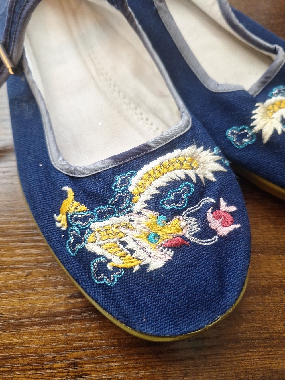 Embroidered Navy Dragon Mary Jane Flats Made In China Size 7.5 38 - Picture 2 of 7